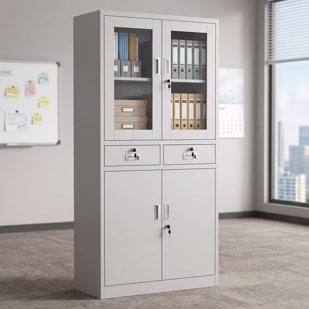 Tall 180cm 2-Door Metallic Office Filing Cabinet with a matte grey finish and a chrome locking handle, standing against a neutral concrete office wall.