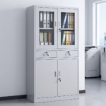 Tall 180cm 2-Door Metallic Office Filing Cabinet with a matte grey finish and a chrome locking handle, standing against a neutral concrete office wall.