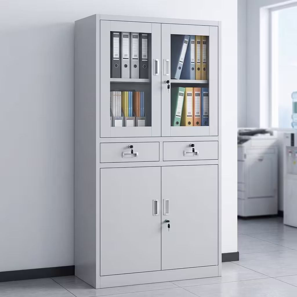 Tall 180cm 2-Door Metallic Office Filing Cabinet with a matte grey finish and a chrome locking handle, standing against a neutral concrete office wall.