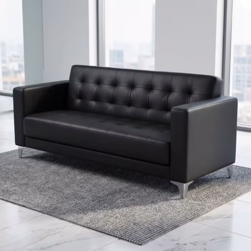 Modern black 3-Seater Office Waiting Sofa with square armrests and a neat tufted backrest design, positioned on a polished marble floor in a corporate reception lobby.