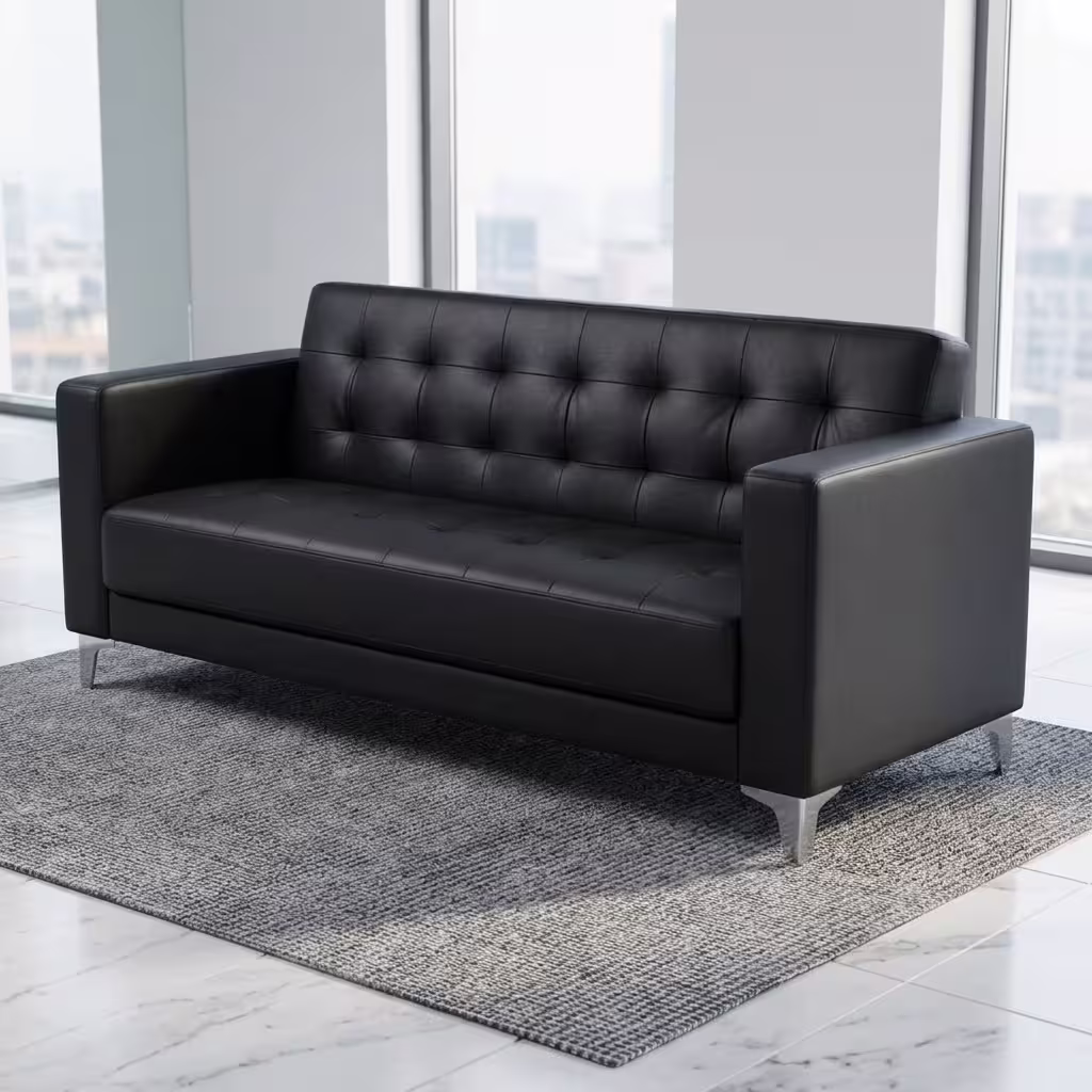 Modern black 3-Seater Office Waiting Sofa with square armrests and a neat tufted backrest design, positioned on a polished marble floor in a corporate reception lobby.