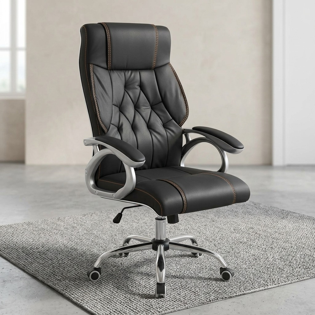 Front view of a plush High Back Leather Office Seat upholstered in glossy black PU leather with padded armrests and a durable five-star caster base, isolated in a modern office setup.