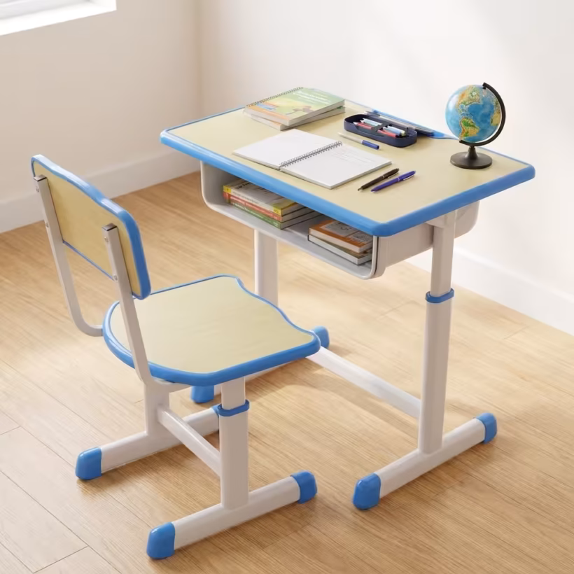 Kid’s Study Desk & Chair Set with storage compartment and ergonomic chair in blue and white finish