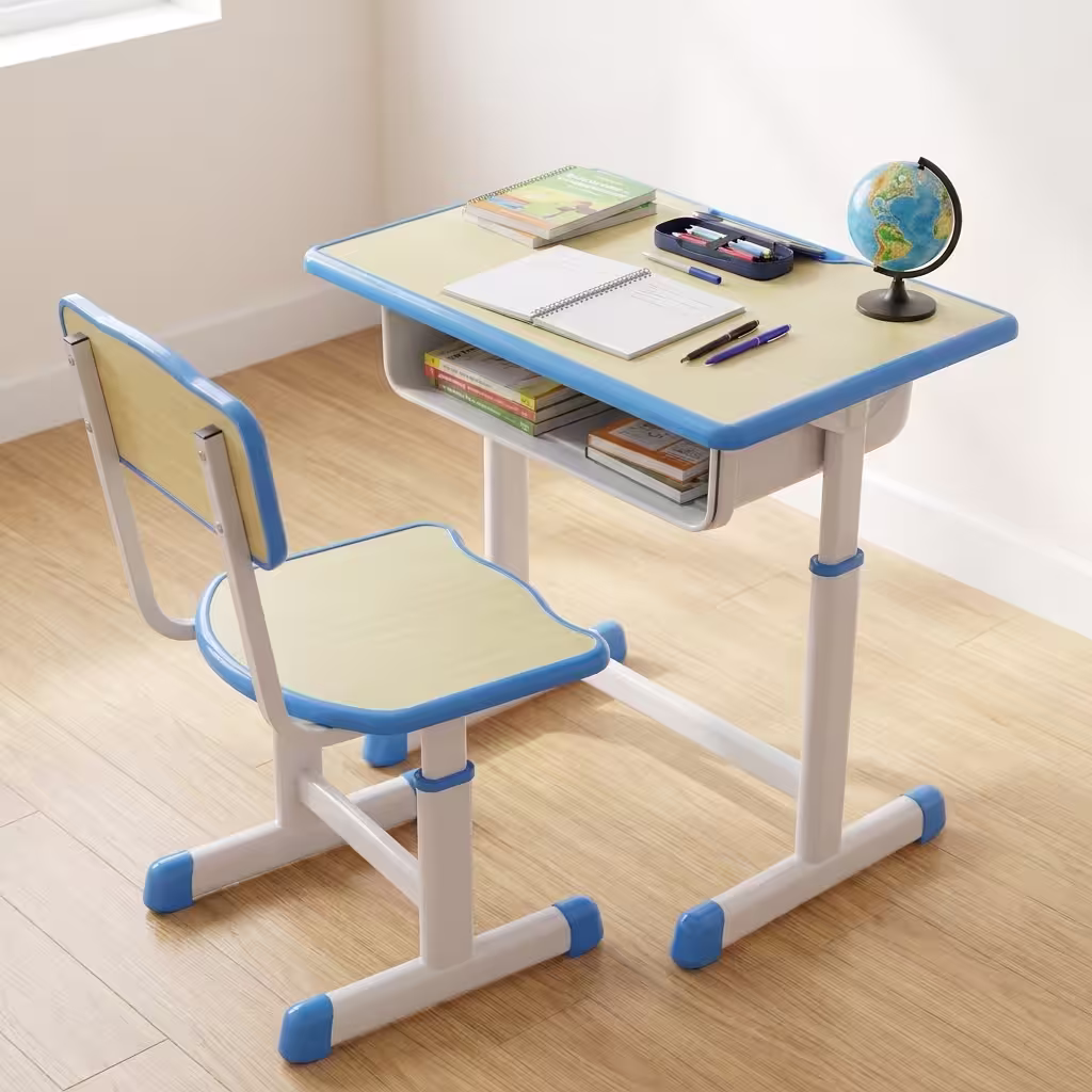 Kid’s Study Desk & Chair Set with storage compartment and ergonomic chair in blue and white finish