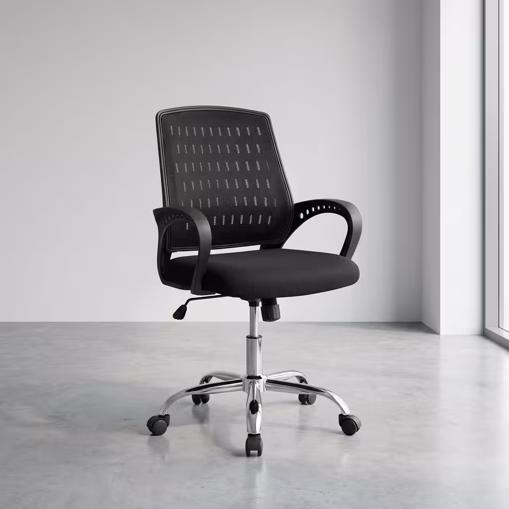Front view of an Executive Low Back Office Chair with a black patterned mesh backrest, curved armrests, and a polished chrome five-star base on wheels.