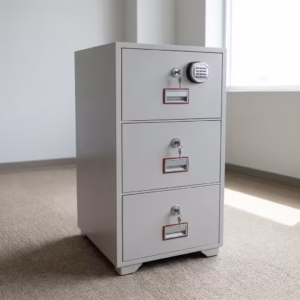 Premium 3-Drawer Diplomat Fireproof Safe in a matte off-white finish, featuring an electronic digital keypad on the top drawer and individual key locks on a light wood office floor.