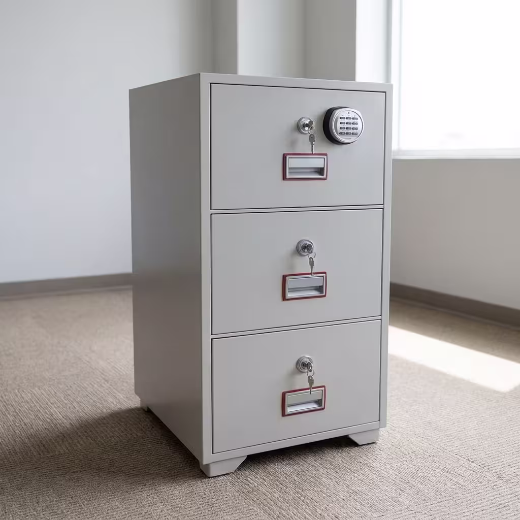 Premium 3-Drawer Diplomat Fireproof Safe in a matte off-white finish, featuring an electronic digital keypad on the top drawer and individual key locks on a light wood office floor.