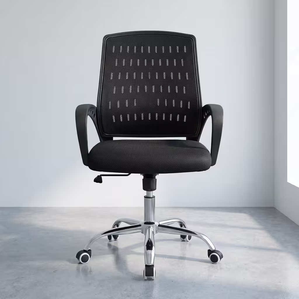 Front view of an Executive Low Back Office Chair with a black patterned mesh backrest, curved armrests, and a polished chrome five-star base on wheels.