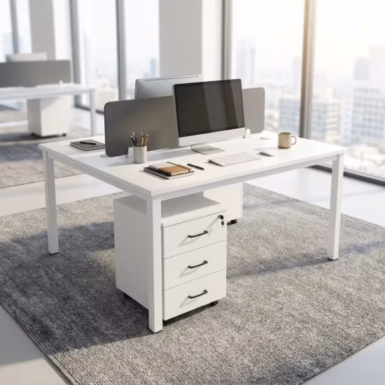 Modern White Office Workstation configured for two users face-to-face, featuring an integrated gray acoustic divider screen, laptops, and rolling 3-drawer storage units on a tan rug.