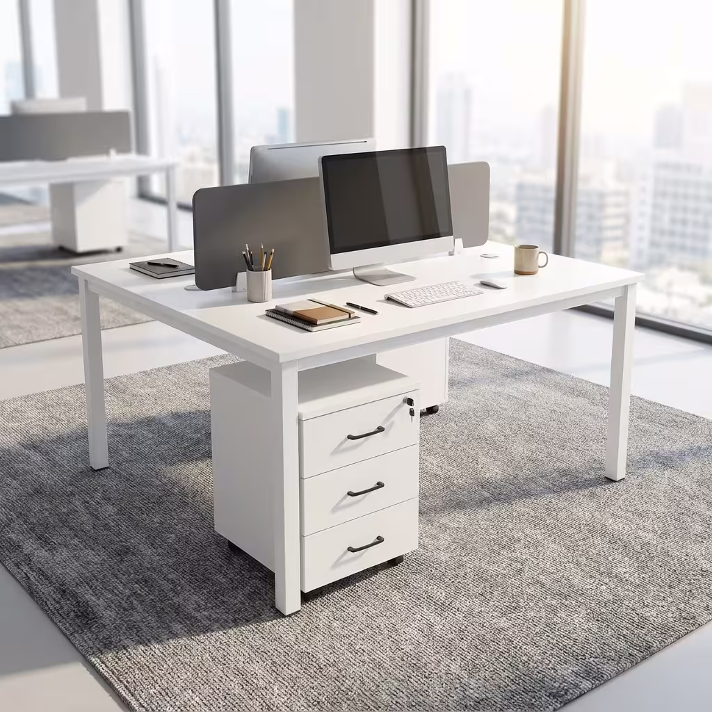 Modern White Office Workstation configured for two users face-to-face, featuring an integrated gray acoustic divider screen, laptops, and rolling 3-drawer storage units on a tan rug.