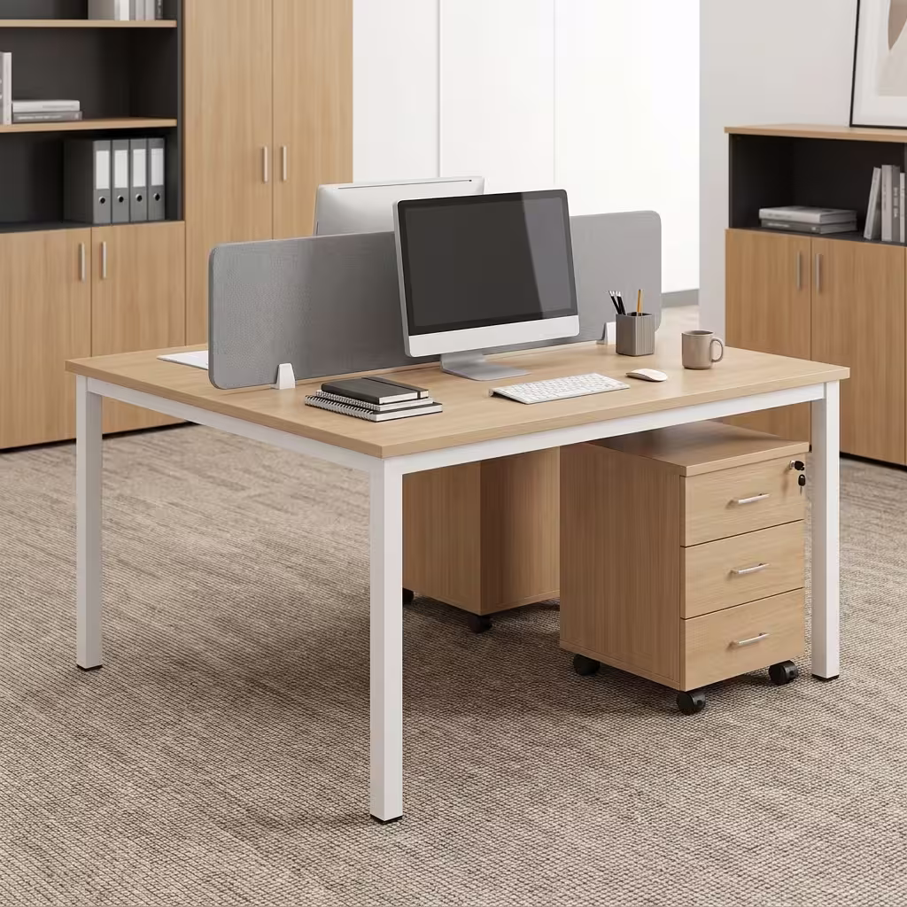 2-Way Modern Office Workstation with dual desks, storage drawers, and cable management in a modern office setup