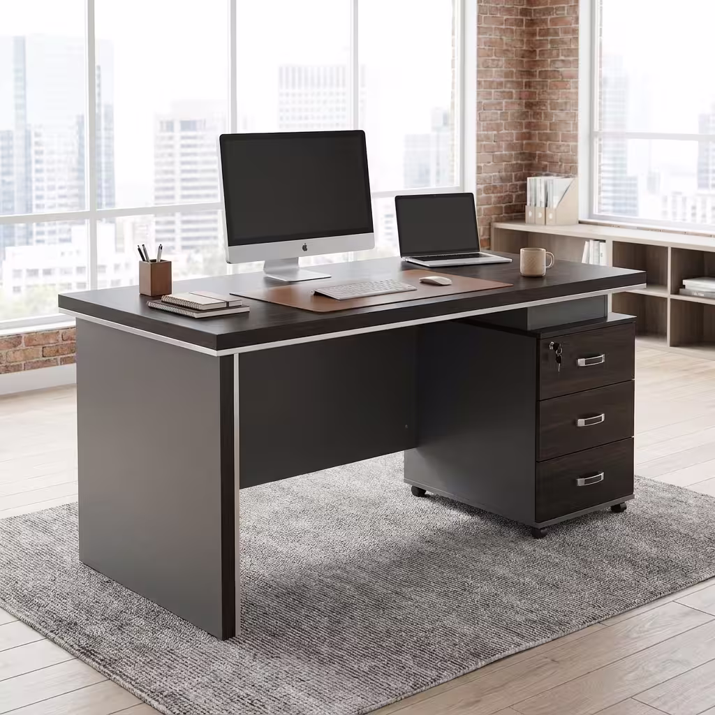 Modern 1400MM Executive Office Desk with charcoal panels, a matching rolling 3-drawer cabinet, and a desktop computer, positioned in a bright loft office.