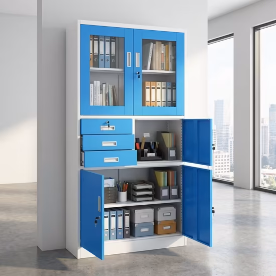 Filing Cabinet With Safe featuring lockable compartments, glass doors, and steel construction