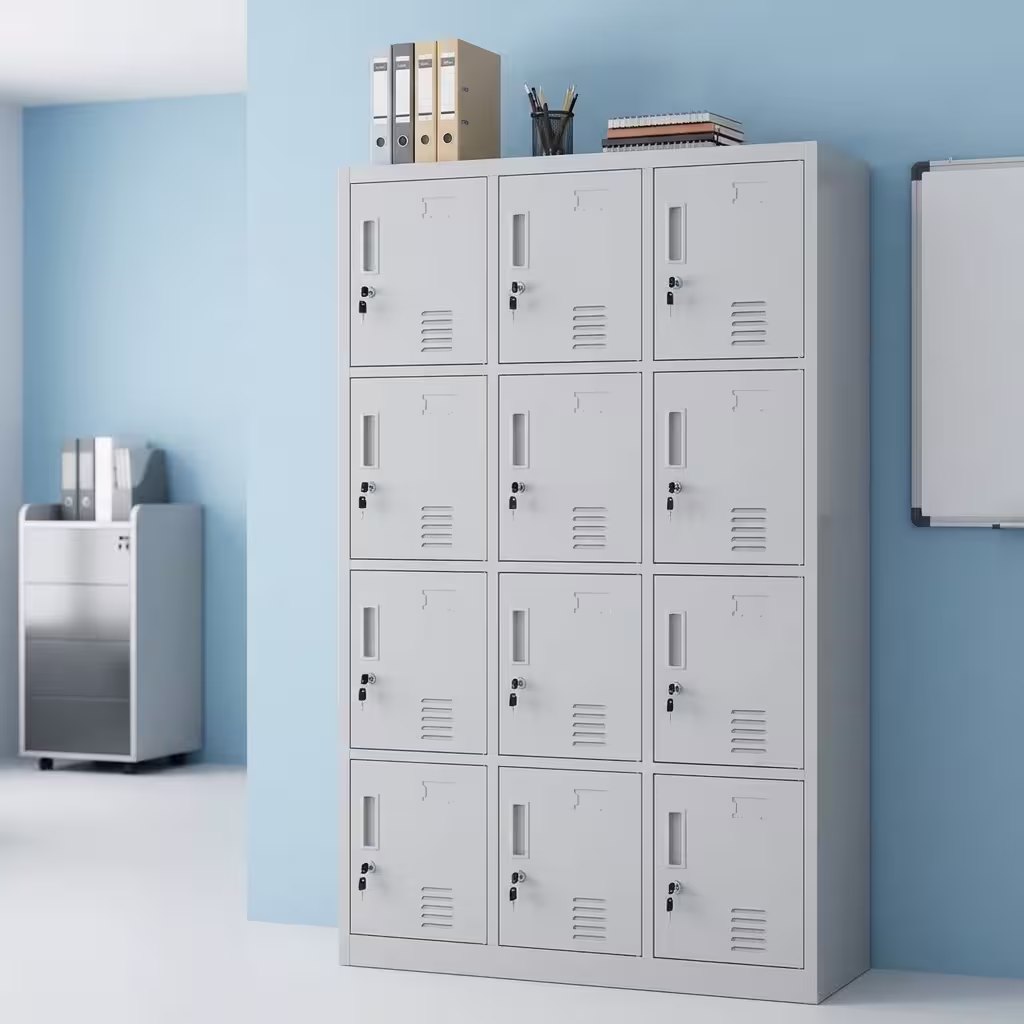 12-Locker Steel Office Cabinet with multiple lockable compartments, durable metal construction, and modern storage design for office and institutional use