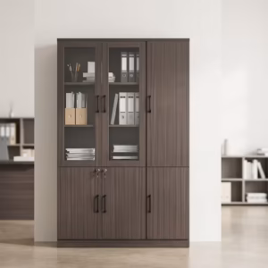 3-door wooden executive cabinet with glass display section, lockable storage doors, and modern office design finish