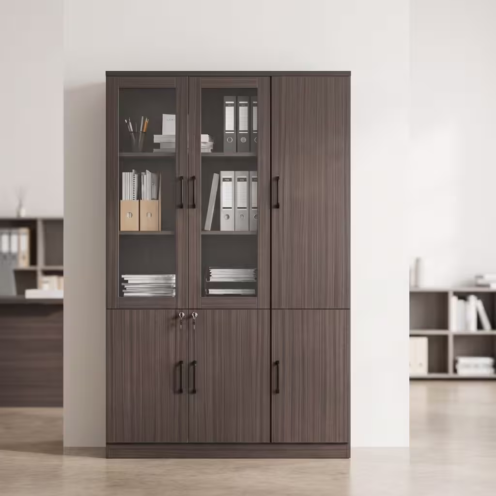 3-door wooden executive cabinet with glass display section, lockable storage doors, and modern office design finish