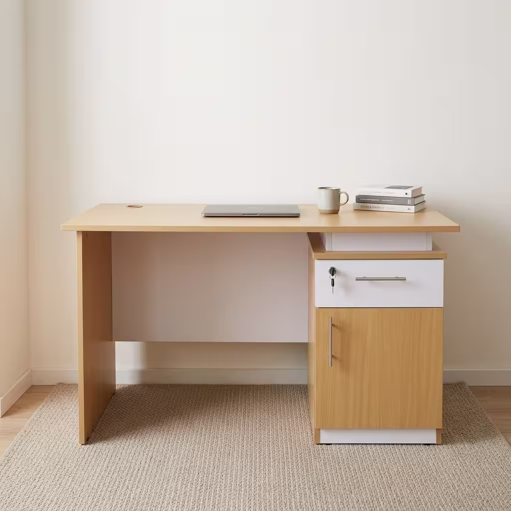 1.2M Office/Home Study Desk in a light natural woodgrain laminate with an integrated side cabinet, a lockable white drawer, a laptop, and books on a textured rug.