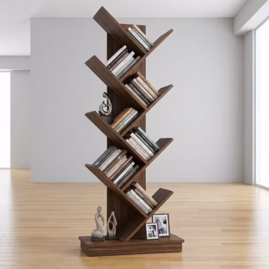 9-Tier Tree Bookshelf with modern wooden design and vertical storage shelves
