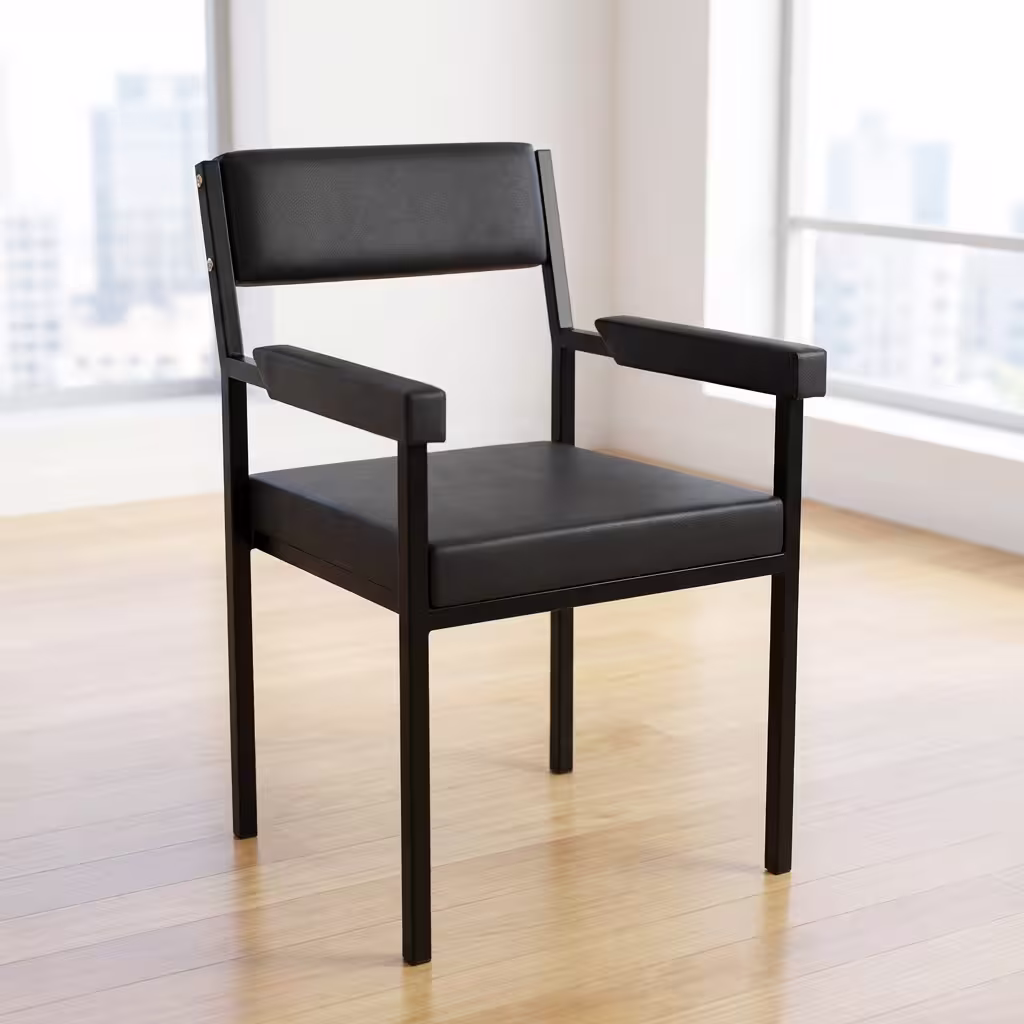 Modern Catalina Office Chair With Armrest featuring black leatherette padding, a black metal frame, and padded arms, set on a light wood floor.