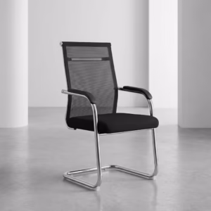 Front perspective of the black Ergonomic Mesh Office Guest Chair showcasing a curved mesh backrest, matching padded seat, and a shiny polished chrome sled frame.