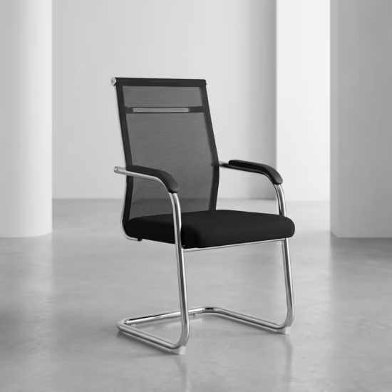 Front perspective of the black Ergonomic Mesh Office Guest Chair showcasing a curved mesh backrest, matching padded seat, and a shiny polished chrome sled frame.