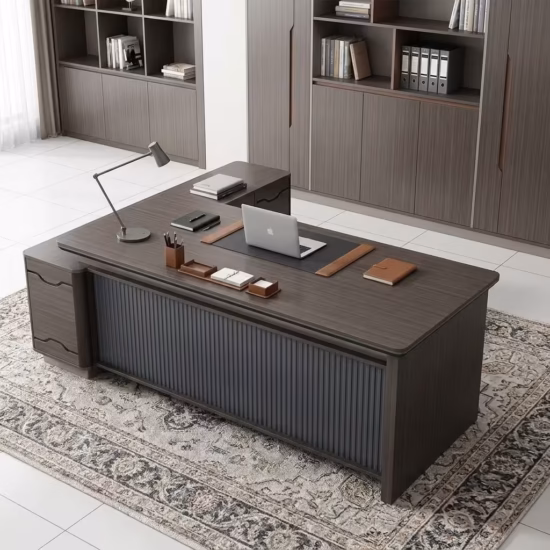 1.8M Director L-Shaped Desk with drawers, storage cabinet, and modern executive office design setup
