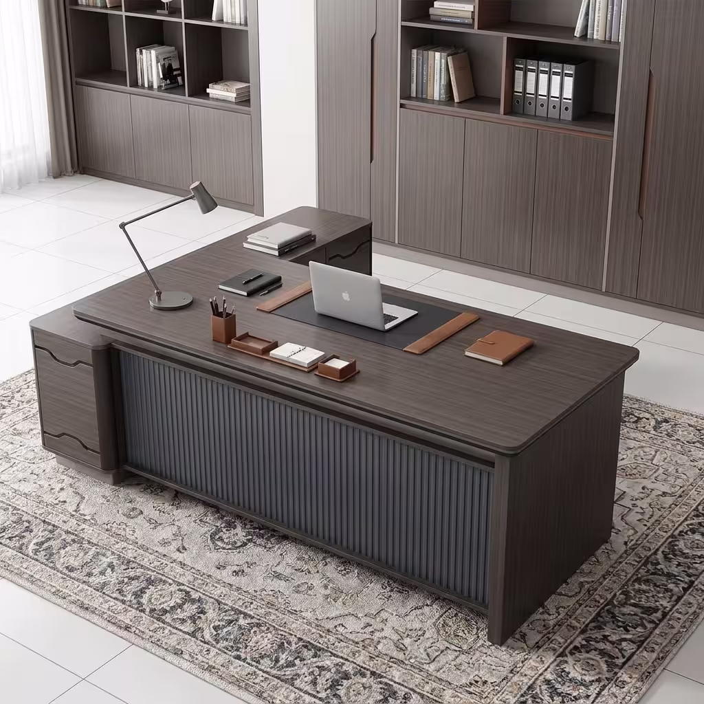 1.8M Director L-Shaped Desk with drawers, storage cabinet, and modern executive office design setup