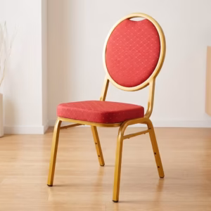 Stackable Red Banquet Chair with cushioned seat, strong metal frame, and space-saving design for events and conferences