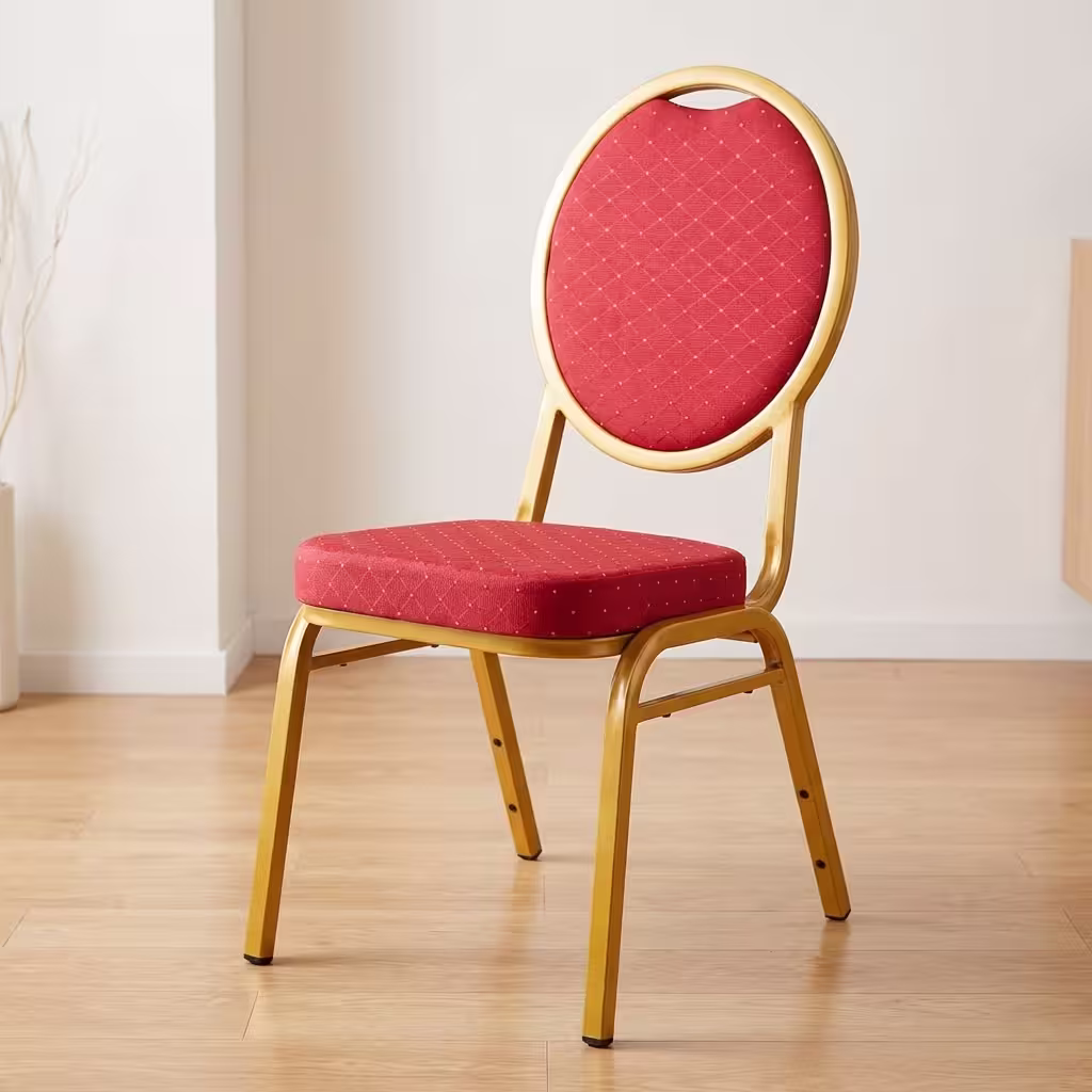 Stackable Red Banquet Chair with cushioned seat, strong metal frame, and space-saving design for events and conferences