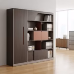 Wooden Office File Cabinet with shelves and closed compartments in a modern office setup