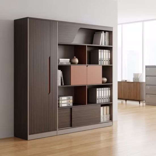 Wooden Office File Cabinet with shelves and closed compartments in a modern office setup
