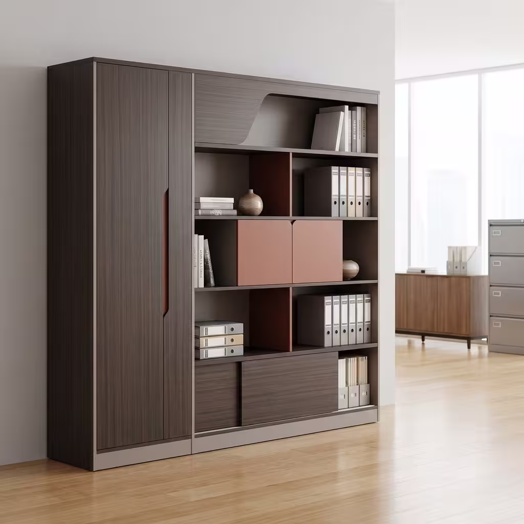 Wooden Office File Cabinet with shelves and closed compartments in a modern office setup