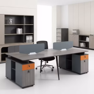 4-Way Modern Workstation with four seating positions, cable management ports, and a sleek modern office design setup