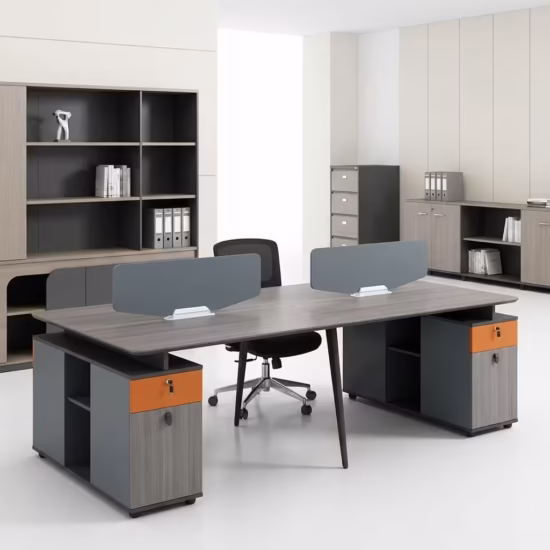 4-Way Modern Workstation with four seating positions, cable management ports, and a sleek modern office design setup