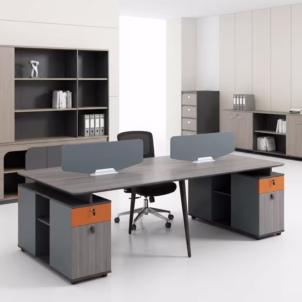 4-Way Modern Workstation with four seating positions, cable management ports, and a sleek modern office design setup