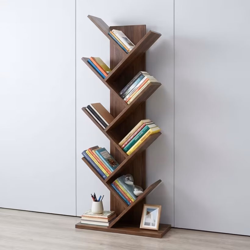 9-Tier Tree Bookshelf with modern wooden design and vertical storage shelves
