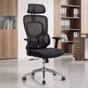 Ergonomic Mesh Office Chair with breathable backrest, adjustable height, and smooth caster wheels in a modern office workspace