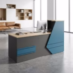 Wooden Custom Reception Desk with lockable drawers, side hutch shelf, and modern front office design setup