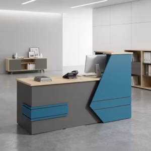Wooden Custom Reception Desk with lockable drawers, side hutch shelf, and modern front office design setup