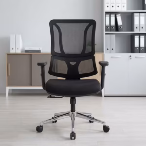 Mid Back Orthopedic Office Chair with mesh back, cushioned seat, and chrome base in a modern office setting