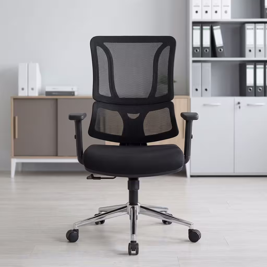 Mid Back Orthopedic Office Chair with mesh back, cushioned seat, and chrome base in a modern office setting