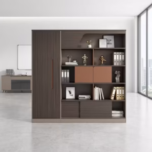 Wooden Office File Cabinet with shelves and closed compartments in a modern office setup