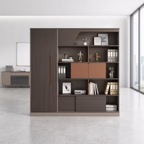 Wooden Office File Cabinet with shelves and closed compartments in a modern office setup