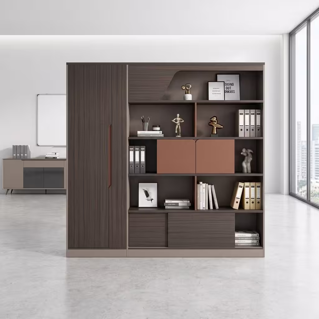 Wooden Office File Cabinet with shelves and closed compartments in a modern office setup