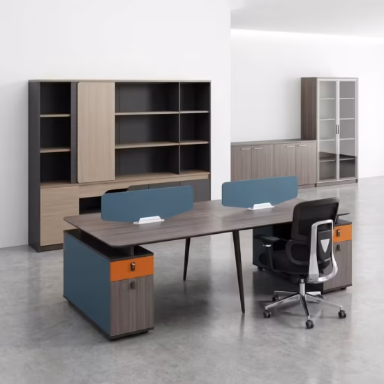 4-Way Modern Workstation with four seating positions, cable management ports, and a sleek modern office design setup