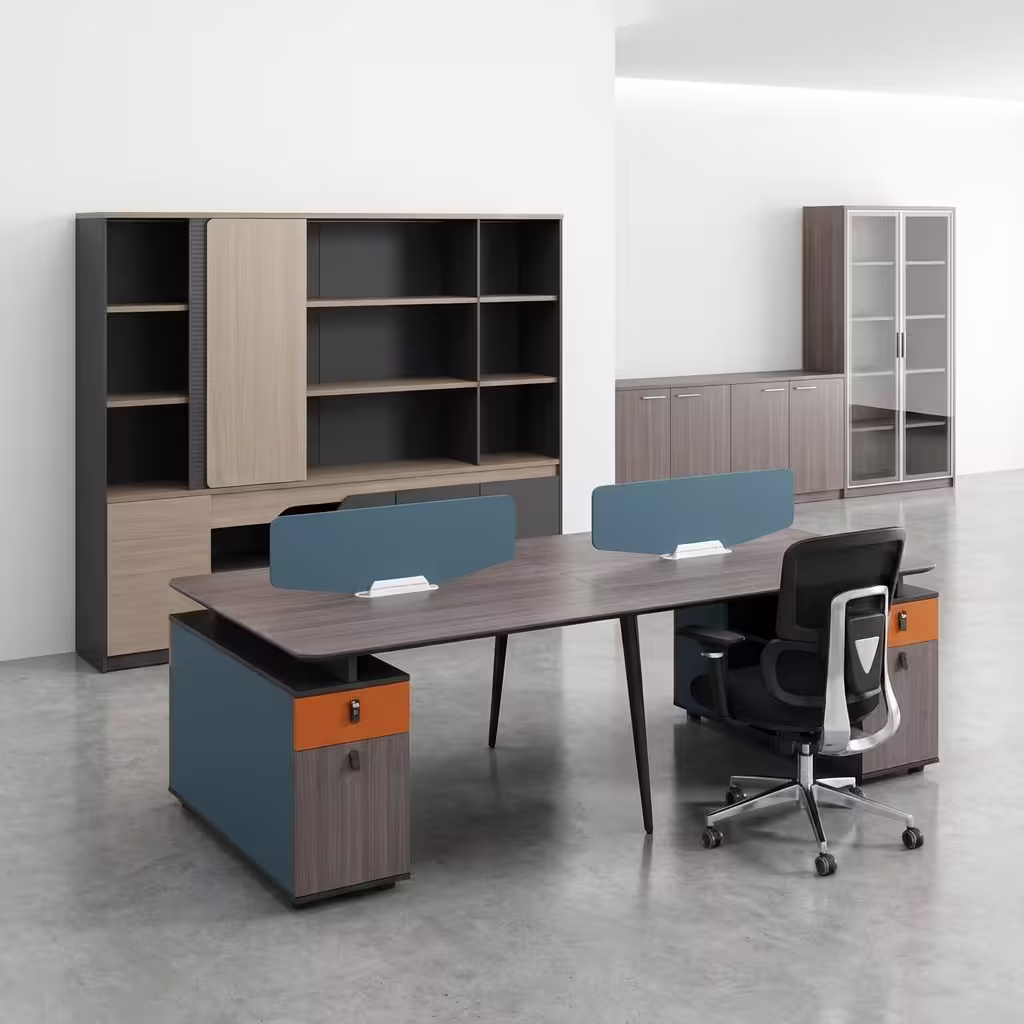 4-Way Modern Workstation with four seating positions, cable management ports, and a sleek modern office design setup