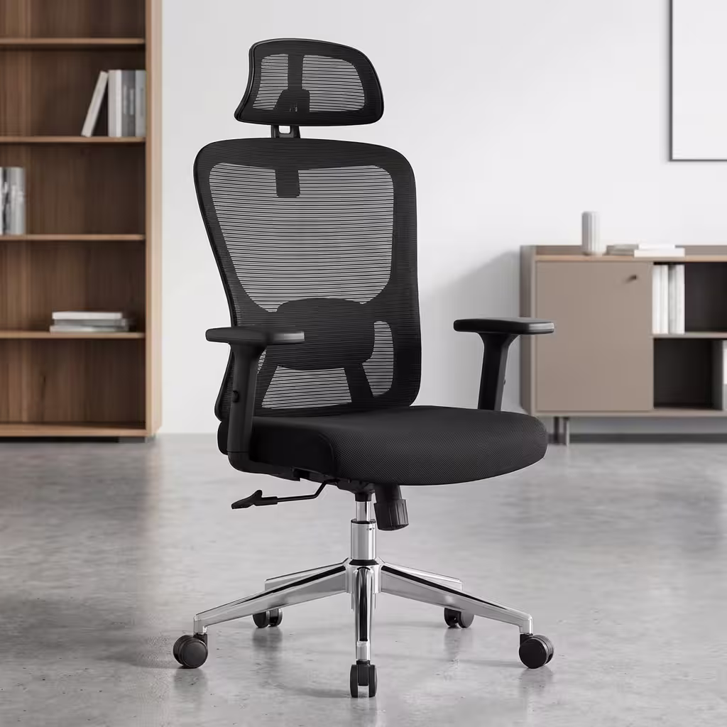 high back orthopedic office chair with mesh back, adjustable headrest, lumbar support, and ergonomic design for modern office use