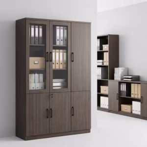 3-door wooden executive cabinet with glass display section, lockable storage doors, and modern office design finish