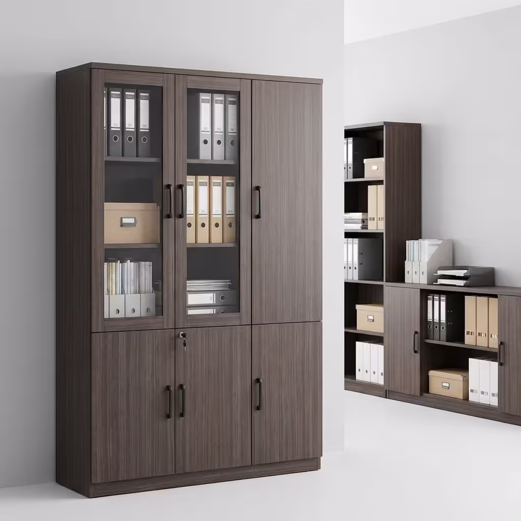 3-door wooden executive cabinet with glass display section, lockable storage doors, and modern office design finish