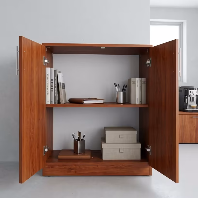 Premium Credenza Office File Storage Cabinet in a rich mahogany woodgrain finish, showcasing both vertical swing doors swung wide open to reveal a two-tier interior shelf layout organized with hardcover books, writing utensil cups, a leather journal, and stacked cream storage boxes, standing on a polished concrete floor.